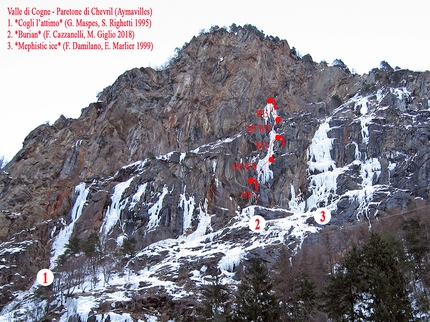 Valle di Cogne, Burian, Matteo Giglio, François Cazzanelli - Paretone di Chevril in Valle di Cogne with the routes 1. Cogli l'attimo (Gianluca Maspes, S Righetti 1995) 2. Burian (François Cazzanelli, Matteo Giglio 2018) 3. Mephistic Ice (François Damilano, Ezio Marlier 1999)