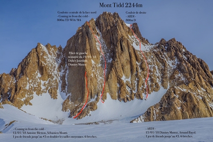 Pirrit Hills, Antarctica, Arnaud Bayol, Antoine Bletton, Jean-Yves Igonenc, Didier Jourdain, Sébastien Moatti, Dimitry Munoz - The North Face of Mount Tidd (2244 m) Pirrit Hills, Antarctica: Coming in from the cold (800 m, TD, WI4/M4 Antoine Bletton, Sébastien Moatti 12/01/2018)