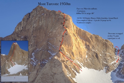 Pirrit Hills, Antarctica, Arnaud Bayol, Antoine Bletton, Jean-Yves Igonenc, Didier Jourdain, Sébastien Moatti, Dimitry Munoz - Mount Turcotte (1950 m) Pirrit Hills, Antarctica: Corrasion (600 m, TD, 5c, 40° snow, Arnaud Bayol, Didier Jourdain, Dimitry Munoz 12/01/2018)