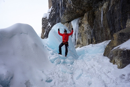 Jumbo Jet, Val Lietres, Dolomites, Daniel Ladurner, Hannes Lemayr - Daniel Ladurner after having climbed a direct start to Jumbo Jet in Val Lietres, Dolomites