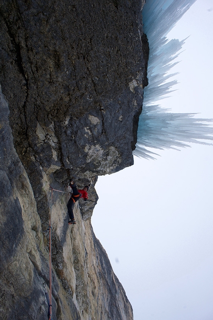 Jumbo Jet, Val Lietres, Dolomites, Daniel Ladurner, Hannes Lemayr - Daniel Ladurner below the roof, bolting the direct start to Jumbo Jet in Val Lietres, Dolomites