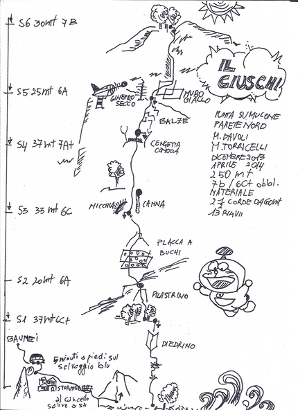 Arrampicata in Sardegna, Monte Ginnircu, Punta Su Mulone, Marco Davoli, Massimo Torricelli - Il disegno della via Il Ciuski sulla Punta Su Mulone, Sardegna (Marco Davoli, Massimo Torricelli 12/2013 e 04/2014)