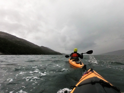 Cerro Riso Patron Sud, Patagonia, Matteo Della Bordella, Silvan Schüpbach - Kayaking towards Cerro Riso Patron Sud in Patagonia