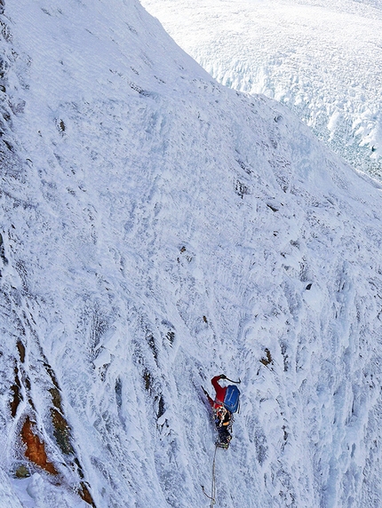 Cerro Riso Patron Sud, Patagonia, Matteo Della Bordella, Silvan Schüpbach - Silvan Schüpbach climbing steep ice up Cerro Riso Patron Sud, Patagonia