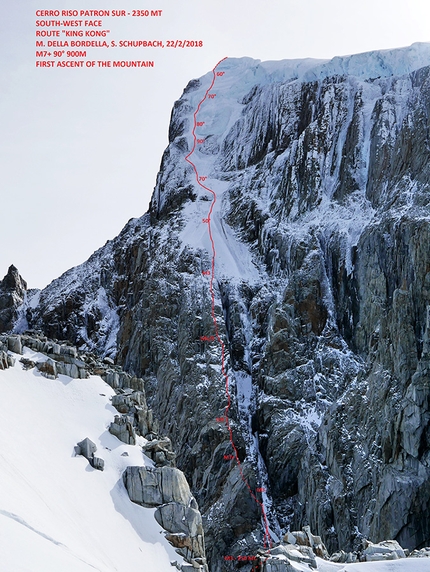 Cerro Riso Patron Sud, Patagonia, Matteo Della Bordella, Silvan Schüpbach - Il tracciato di King Kong sul Cerro Riso Patron Sud in Patagonia, aperta da Matteo Della Bordella e Silvan Schüpbach (22/02/2018)