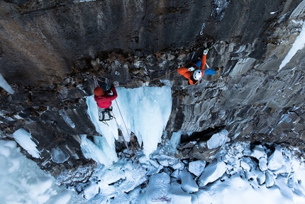 Iceland, Albert Leichtfried, Benedikt Purner - Albert Leichtfried climbing Shelter of the gods M10 at Ásbyrgi in Iceland