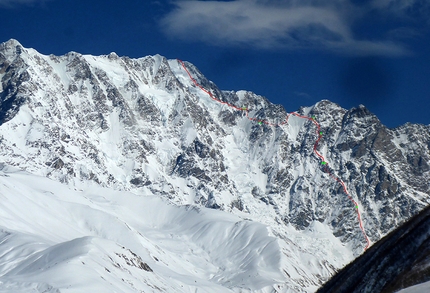 Shkhara South Face, Caucasus, Georgia, Archil Badriashvili, Giorgi Tepnadze - Shkhara South Face: the line of the new route climbed alpine style by Archil Badriashvili and Giorgi Tepnadze