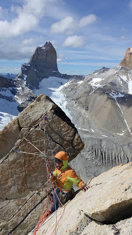 Patagonia, Torres del Paine,  Siebe Vanhee, Sean Villanueva O'Driscoll - Sean Villanueva O'Driscoll and Siebe Vanhee on the exposed summit after having made the first ascent of El Matédor, Aguja Desconocida, Patagonia