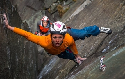 Caroline Ciavaldini climbing The Quarryman in Wales
