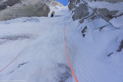 Mt. Jezebel, Alaska, Tom Livingstone, Uisdean Hawthorn - Mt. Jezebel East Face, Alaska: Tom Livingstone climbing the sixth pitch of Fun and Fear