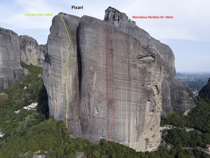 Meteora Greece - Rock climbing at Meteora in Greece: Pixari and the climbs Heureka (160m, 8+) and Marvelous Marbles (165m, 9+).
