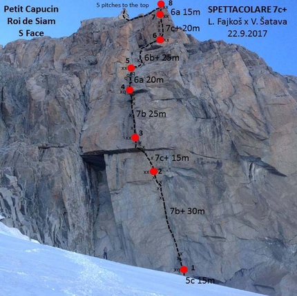 Roi de Siam Petit Capucin, Mont Blanc, Vaclav Satava, Lumír Fajkos - The route line of Spettacolare, Roi de Siam, Petit Capucin (Mont Blanc) Vaclav Satava, Lumír Fajkos 09/2017