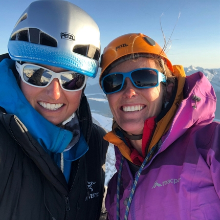 Brette Harrington, Rose Pearson, Life Compass, Mount Blane, Canada - Brette Harrington and Rose Pearson on the summit of Mount Blane, Canada after having made the first ascent of Life Compass