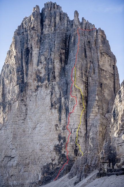 Tre Cime di Lavaredo, Dolomiti, Simon Gietl, Thomas Huber, Rainer Treppte - Cima Grande di Lavaredo, Dolomiti e le vie Das Erbe der Väter (rosso) e La Strada (giallo) 