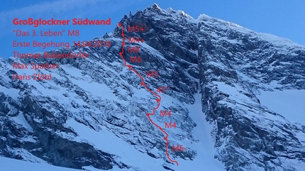 Thomas Bubendorfer, Hans Zlöbl, Max Sparber, Großglockner - Das dritte Leben, South Face of Großglockner, first ascended on 14/04/2018 by Thomas Bubendorfer, Max Sparber and Hans Zlöbl