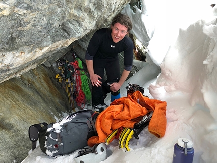 Thomas Bubendorfer, Hans Zlöbl, Max Sparber, Großglockner - Max Sparber at the gear stash at the base of the South Face of Großglockner