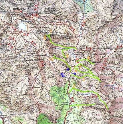 Cima d'Asta, Alta Val Tolvà, sciare - La mappa degli itinerari di sci alpinismo attorno a Cima d'Asta e l'Alta Val Tolvà
