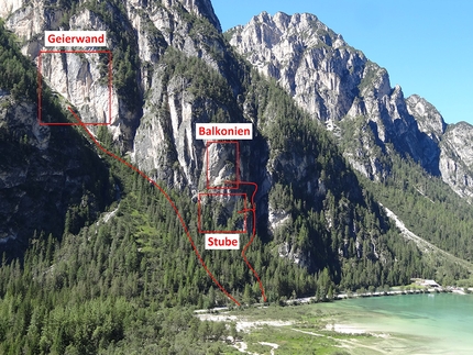 Geierwand Val di Landro, Dolomiti - L'accesso alle falesie Geierwand, Stube e Balkonien in Val di Landro, Dolomiti