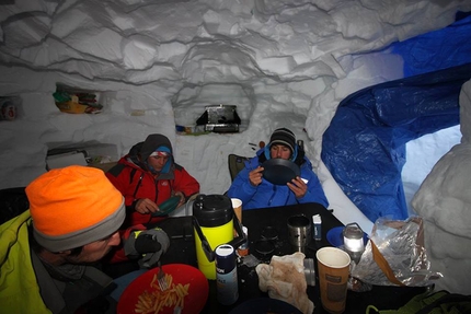 Alaska Revelation Mountains, Thomas Auvaro, Jeremy Fino, Matthieu Rideau, Antoine Rolle - Revelation Mountains, Alaska: base camp in the snow cave for the French climbers Thomas Auvaro, Jeremy Fino, Matthieu Rideau and Antoine Rolle