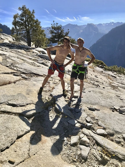 Alex Honnold, Tommy Caldwell, The Nose, El Capitan, Yosemite - Alex Honnold and Tommy Caldwell on the summit of El Capitan on 06/06/2018 after having raced up The Nose and set a new speed record of 1:58:07.