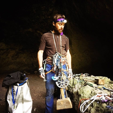 Sean Villanueva O'Driscoll - Sean Villanueva geared up for the trad climb in the Frankenjura. Note the huge wooden hammer usually used to tap local beer kegs.