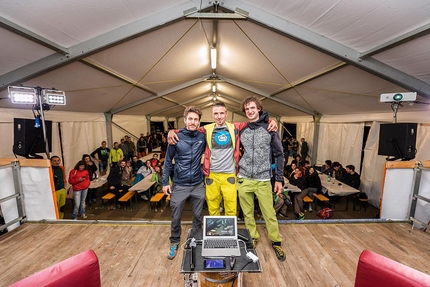 GraMitico 2018, Valle di Daone - Adam Ondra, Simone Raina and Stefano Gisolfi after the evening at GraMitico 2018 in Valle di Daone