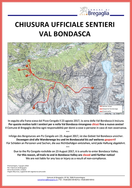 Chiusura sentieri Val Bondasca dopo la frana dal Pizzo Cengalo