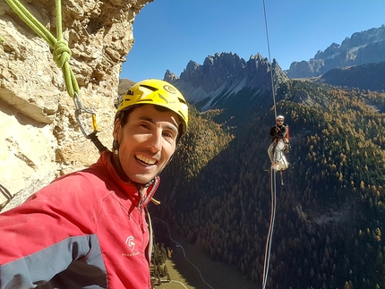 Monte Steviola, Val Gardena, Dolomiti, Armin Senoner, Antonio Tommasini - Durante l'apertura di Via Mara sul Monte Steviola in Vallunga, Dolomiti