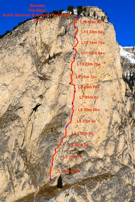 Monte Steviola, Val Gardena, Dolomiti, Armin Senoner, Antonio Tommasini - Via Mara sul Monte Steviola in Vallunga, Dolomiti (Armin Senoner, Antonio Tommasini)