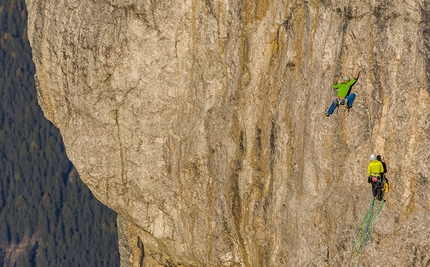 Sass de Putia, Dolomites, Harald Mair, Christof Ursch - Harald Mair and Christof Ursch making the first ascent of Nordwind up Peitlerkofel, Dolomites