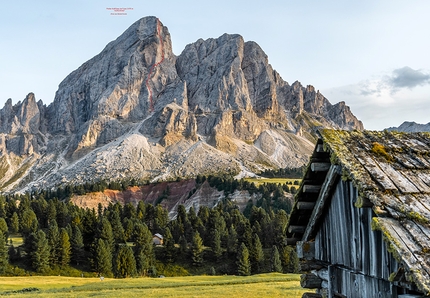 Sass de Putia, Dolomiti, Harald Mair, Christof Ursch - Sass de Putia in Dolomiti con il tracciato di Nordwind, aperta da Harald Mair e Christof Ursch