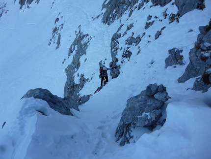 Arrampicarnia 2018, Cjanevate 150, Alpi Carniche - Arrampicarnia: Gianfranco Flora in invernale sulla Via Grohmann, parete Nord Cjanevate