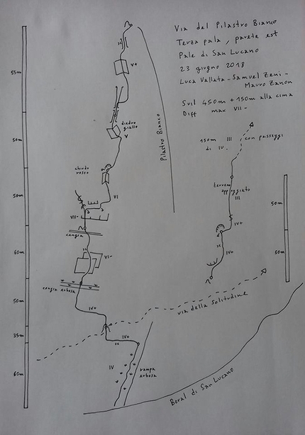 Pale di San Lucano, Dolomiti, Luca Vallata, Samuel Zeni, Mauro Zanon  - Il tracciato di Via del Pilastro Bianco, Terza Pala di San Lucano, Dolomiti (Luca Vallata, Samuel Zeni, Mauro Zanon)