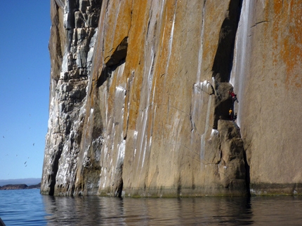 Greenland 2010 - Sean Villanueva and Olivier Favresse heading up the start of their new route, Red chili cream cracker