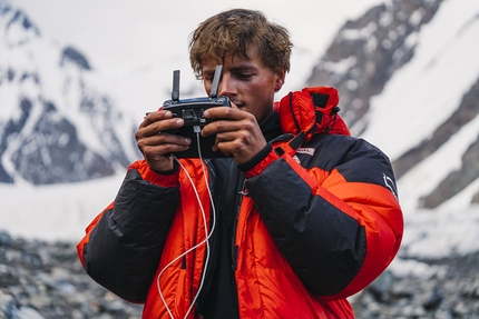 K2 Andrzej Bargiel, first ski descent - Bartłomiej Bargiel piloting the drone to help his brother Andrzej Bargiel make the historic first ski descent of K2 on Sunday 22 July 2018