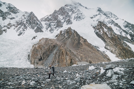 K2 Andrzej Bargiel, first ski descent - Andrzej Bargiel on the glacial moraine after his historic first ski descent of K2 on Sunday 22 July 2018