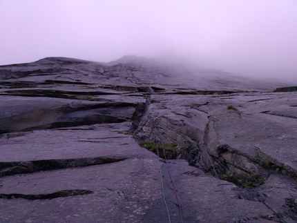 Breiflogtinden, Lofoten, Norway, Dmitrii Panov, Andrey Panov, Anar Demirov - Arctic Odyssey, Breiflogtinden East Face: misty weather during the first ascent