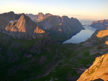 Breiflogtinden, Lofoten, Norway, Dmitrii Panov, Andrey Panov, Anar Demirov - Arctic Odyssey, Breiflogtinden East Face: the view towards the fjord