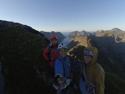 Breiflogtinden, Lofoten, Norway, Dmitrii Panov, Andrey Panov, Anar Demirov - Dmitrii Panov, Andrey Panov, Anar Demirov on the summit of their Arctic Odyssey, East Face of Breiflogtinden, Lofoten, Norway