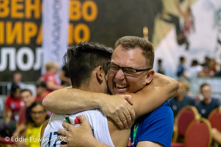 Youth World Climbing Championships Moscow - Gian Luca Zodda celebrating with Franco Gianelli