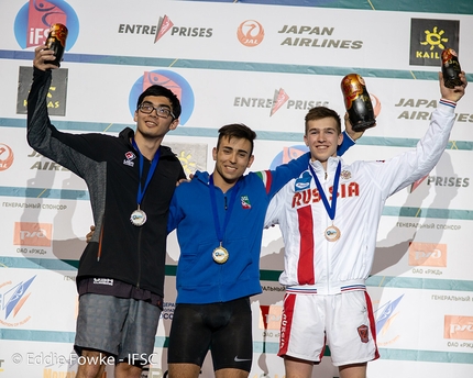 Youth World Climbing Championships Moscow - 2. Noah Bratschi 1. Gian Luca Zodda 3. Demyan Zaytsev 