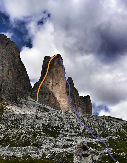 Marco Milanese Tre Cime di Lavaredo BASE jump - Tre Cime di Lavaredo, Dolomites. The first route soloed by Marco Milanese: Cima Piccola Via Normale followed by BASE jump