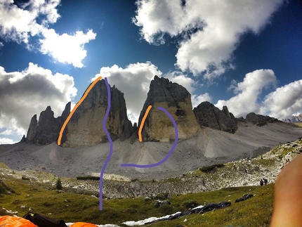 Marco Milanese Tre Cime di Lavaredo BASE jump - Tre Cime di Lavaredo, Dolomiti. La seconda e terza via di Marco Milanese: Cima Ovest Spigolo Demuth e Cima Grande Via Dibona, con rispettivi BASE jump