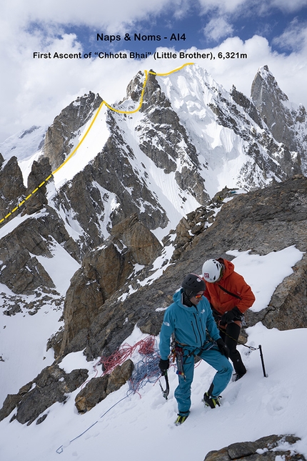 Karakorum, Pakistan, Nelson Neirinck, Jess Roskelley, Kurt Ross - Kondus valley: Jess Roskelley and Nelson Neirinck with the route Naps & Noms on Chhota Bhai in the background