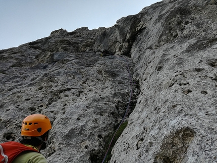 Mente Demente, Spiz della Lastia, Agner, Dolomiti, Diego Toigo, Francesco Fent, Alberto Maschio - Sul secondo tiro, un diedro a buchi stupendo, di Mente Demente, Spiz della Lastia in Dolomiti (Francesco Fent, Alberto Maschio, Diego Toigo)