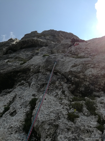 Mente Demente, Spiz della Lastia, Agner, Dolomiti, Diego Toigo, Francesco Fent, Alberto Maschio - Sul quarto tiro di Mente Demente, Spiz della Lastia in Dolomiti (Francesco Fent, Alberto Maschio, Diego Toigo)