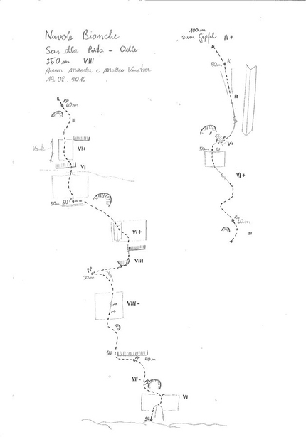 Nuvole Bianche, Sas dla Porta, Odle, Dolomiti, Aaron Moroder, Matteo Vinatzer - Il disegno della via Nuvole Bianche, Sas dla Porta, Odle (Aaron Moroder, Matteo Vinatzer)