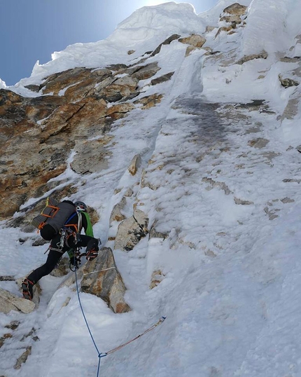 Latok I, Karakorum, Pakistan, Aleš Česen, Luka Stražar, Tom Livingstone - Latok I: 'A few pitches below our right turn from the north ridge towards the west col on Latok I.'