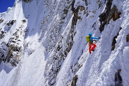 Latok I, Karakorum, Pakistan, Aleš Česen, Luka Stražar, Tom Livingstone - Aleš Česen taking the lead high on Latok I, which he climbed over 7 days in August 2018 with Tom Livingstone and Luka Stražar