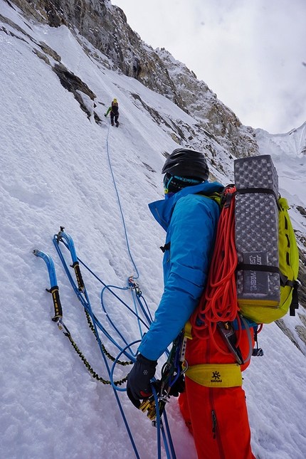 Latok I, Karakorum, Pakistan, Aleš Česen, Luka Stražar, Tom Livingstone - Aleš Česen belaying Luka Stražar on Latok I